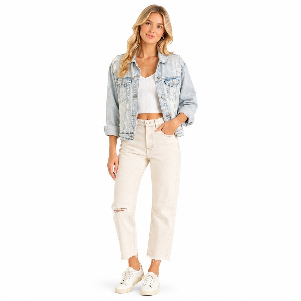 Gap Womens MT Light Indigo Denim Jacket Distressed Ripped Jean Trucker Coat
